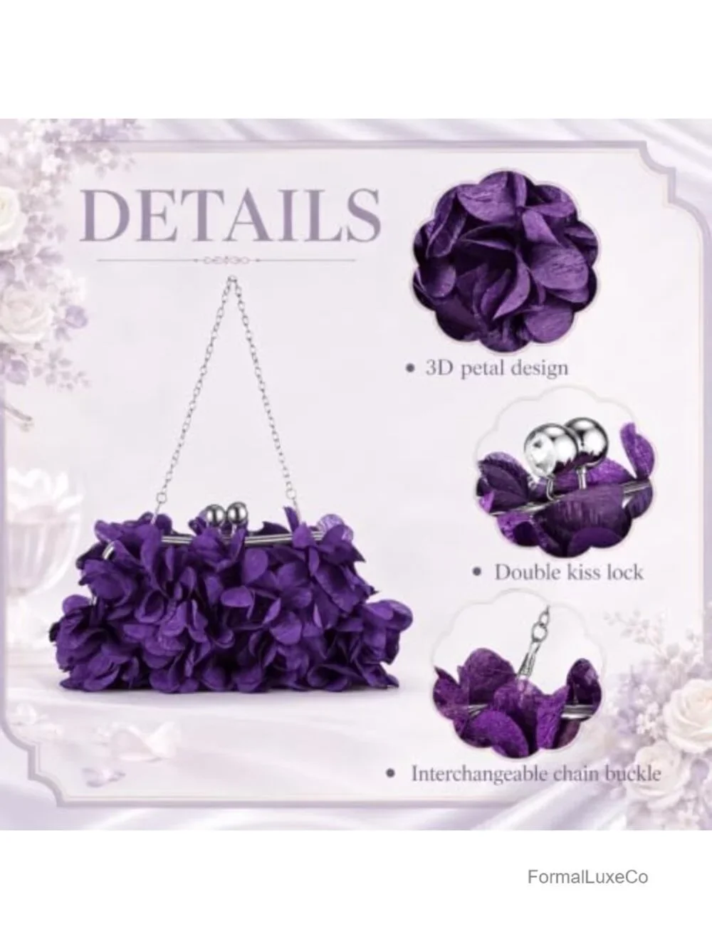 Floral Clutch Purse & Dangle Earrings Set with 2 Detachable Chains for Wedding
